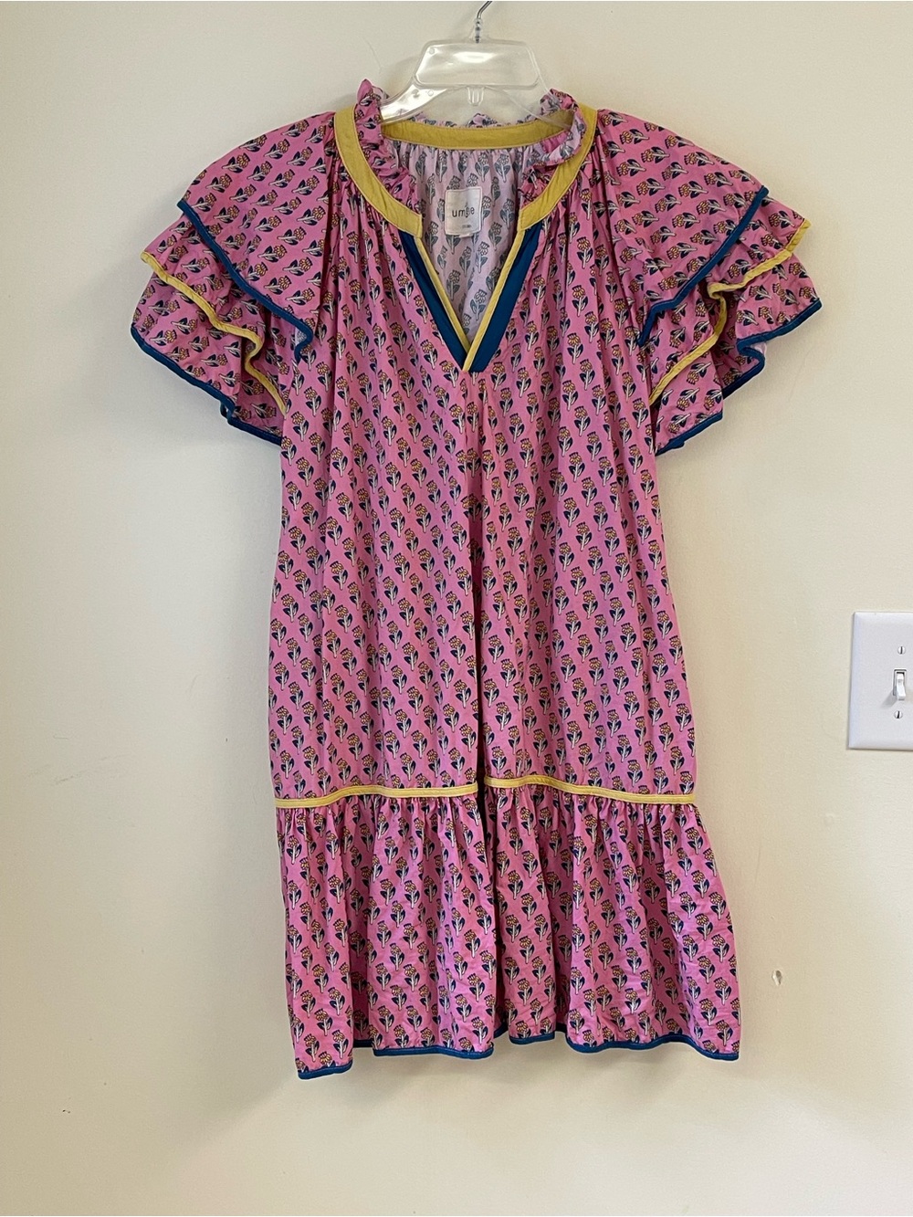 Umgee Pink Floral Ruffle Sleeve Cotton Dress Size M